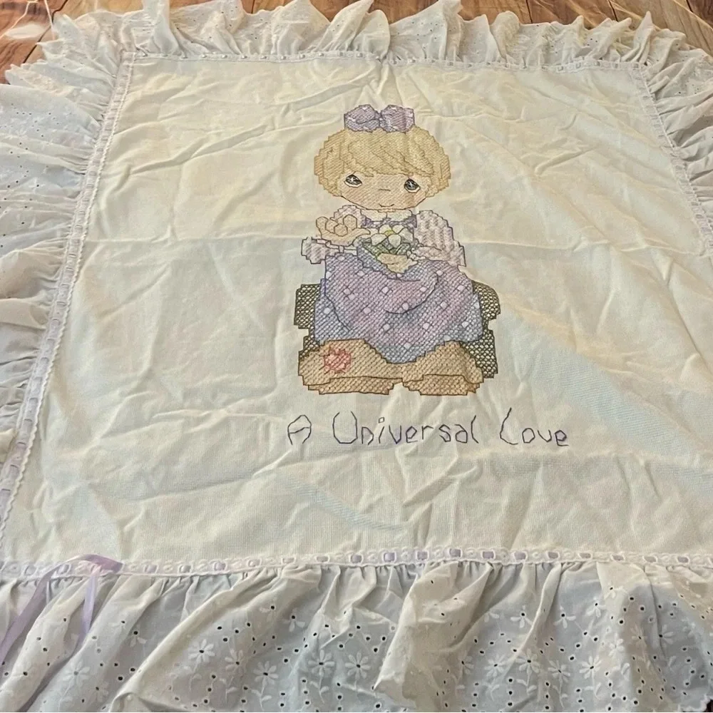 Vintage Precious Moments Handmade Cross stitched Baby Blanket w/ Eyelet Ruffle